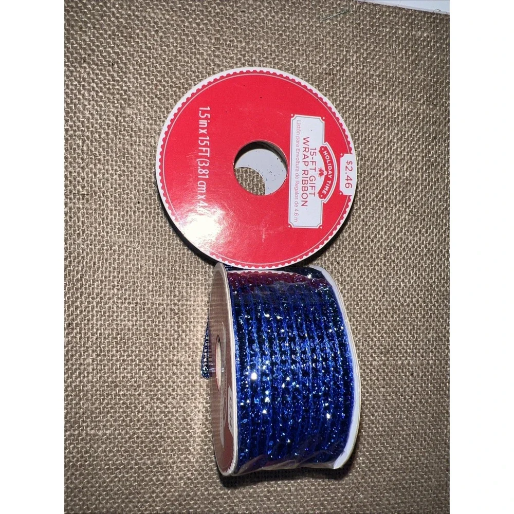 Holiday Time Dark Blue Wire Edged Ribbon 1.5in x 15ft 2 Rolls Metallic Blue RB06